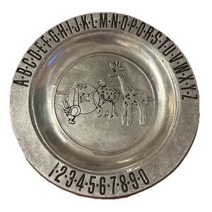 Vintage Pew-Ta-Rex Child's Pewter Plate Numbers Alphabet Animals Colonial York P